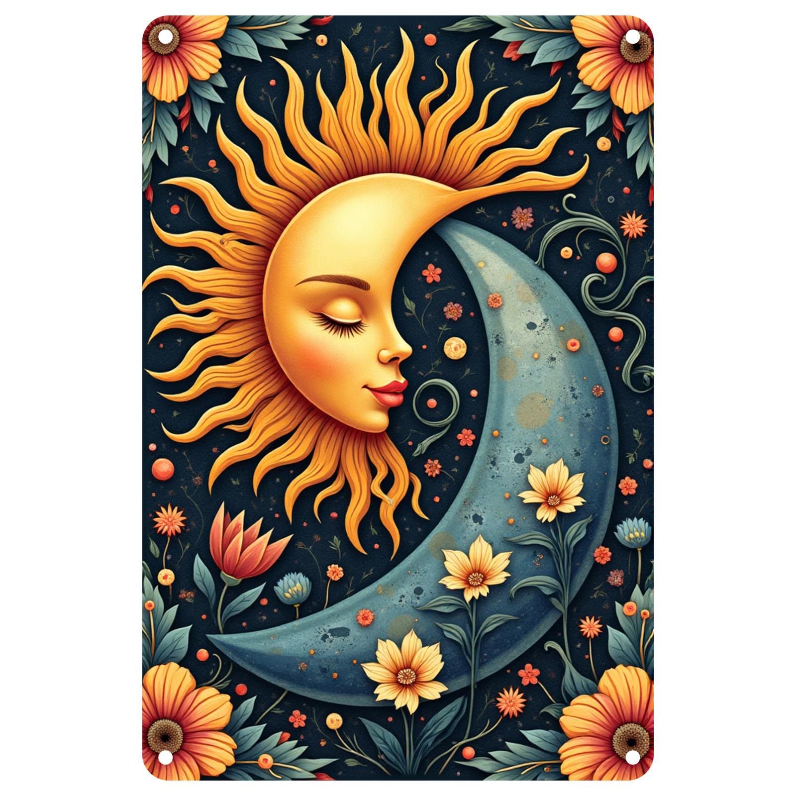 Celestial Sun and Moon Metal Wall Art: Boho Floral Tin Sign