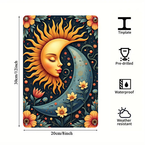 Celestial Sun and Moon Metal Wall Art: Boho Floral Tin Sign