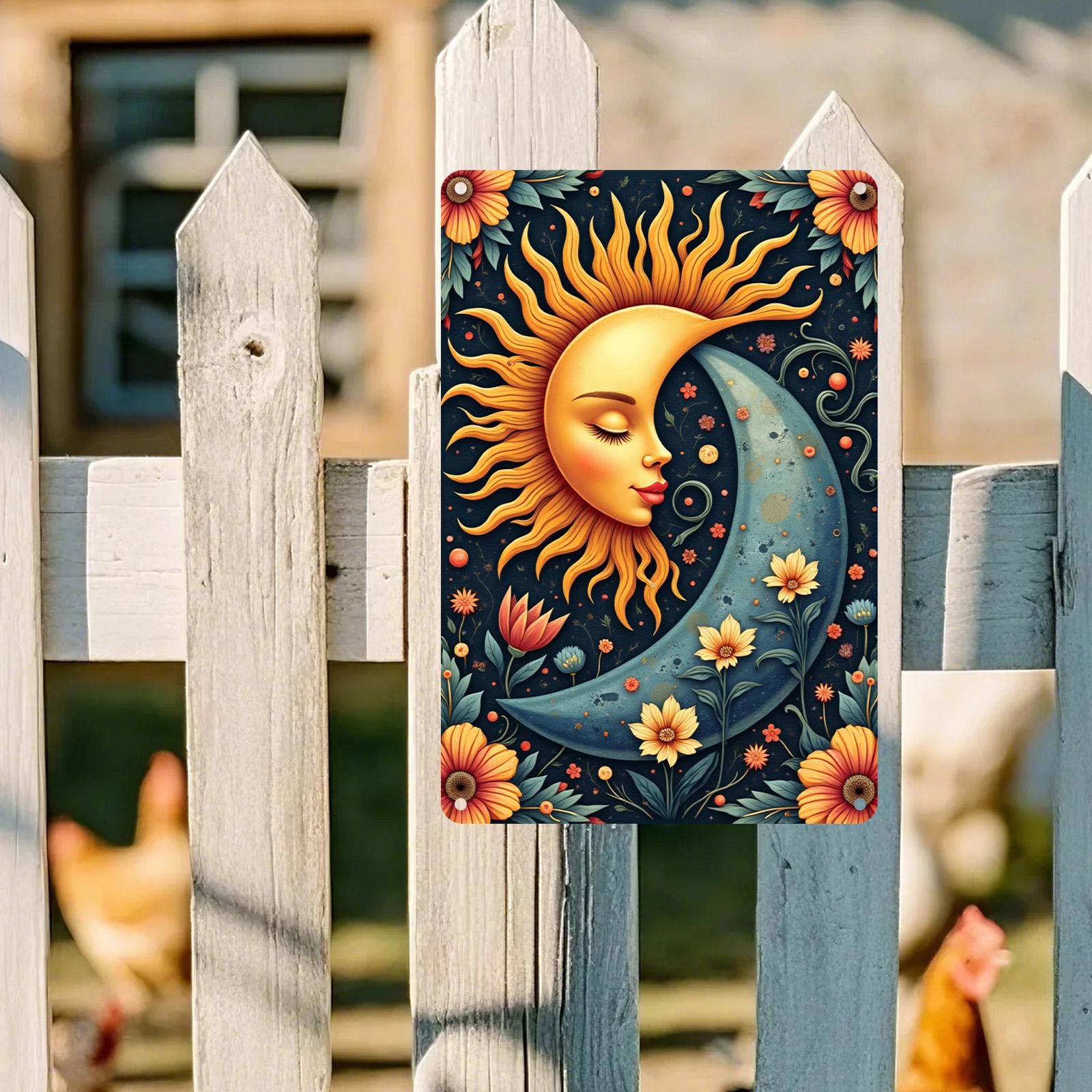 Celestial Sun and Moon Metal Wall Art: Boho Floral Tin Sign
