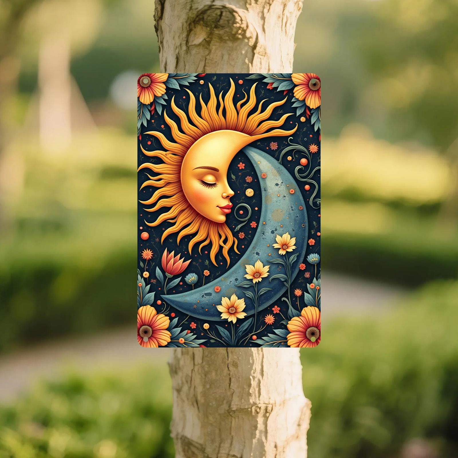 Celestial Sun and Moon Metal Wall Art: Boho Floral Tin Sign