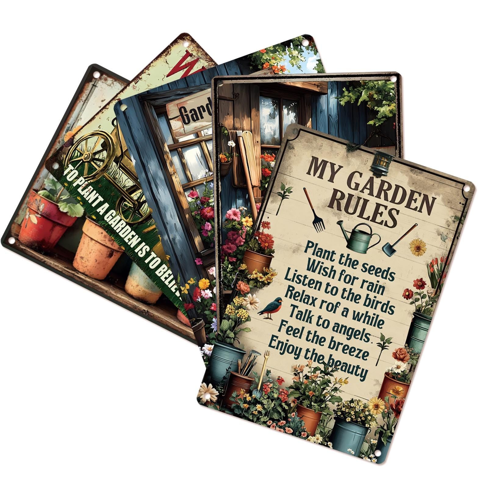 Vintage Garden Metal Sign Set: Floral & Humorous Patio Decor