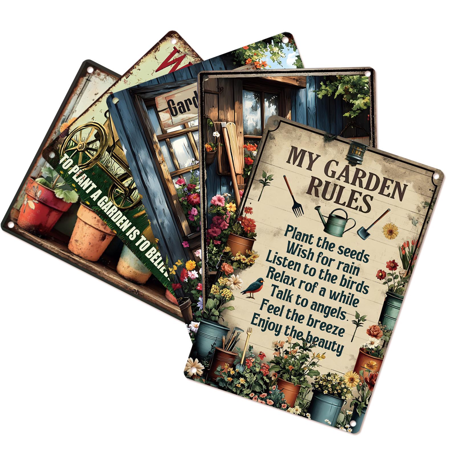 Vintage Garden Metal Sign Set: Floral Humor, Indoor/Outdoor Decor
