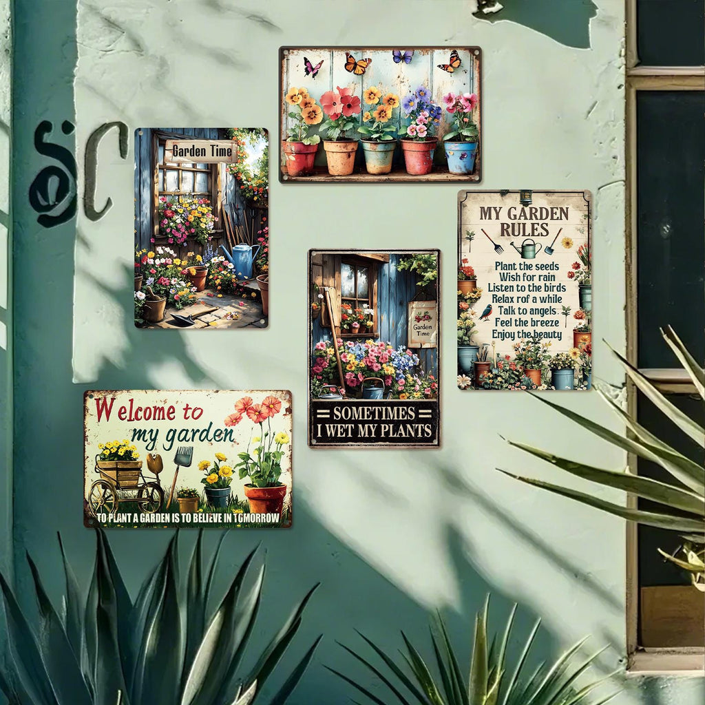 Vintage Garden Metal Sign Set | Floral & Humorous Patio Decor