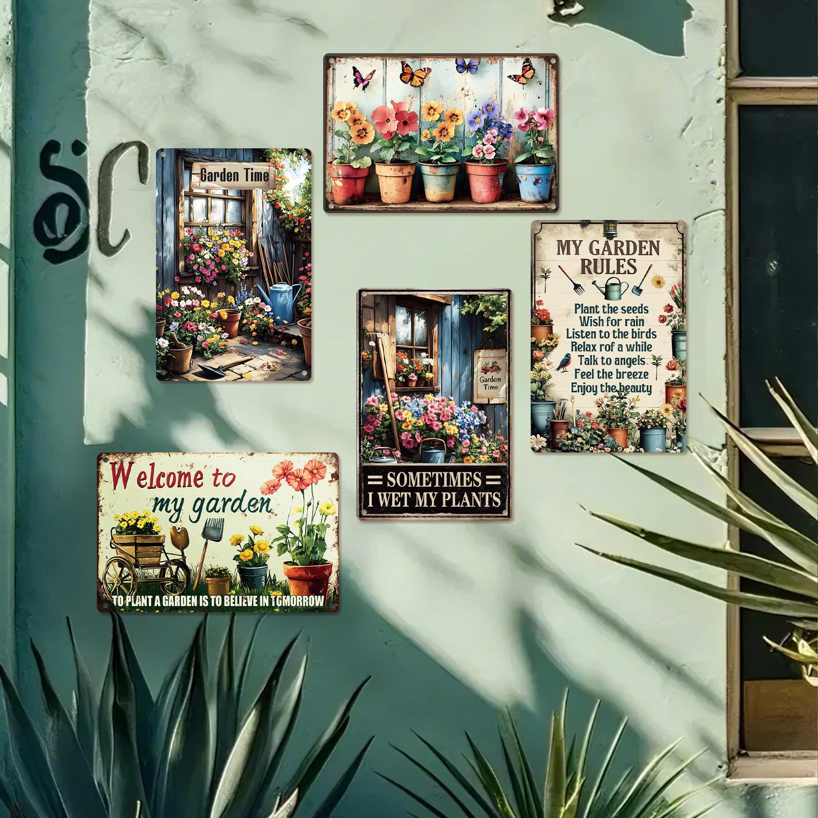 Vintage Garden Metal Sign Set: Floral Humor, Indoor/Outdoor Decor