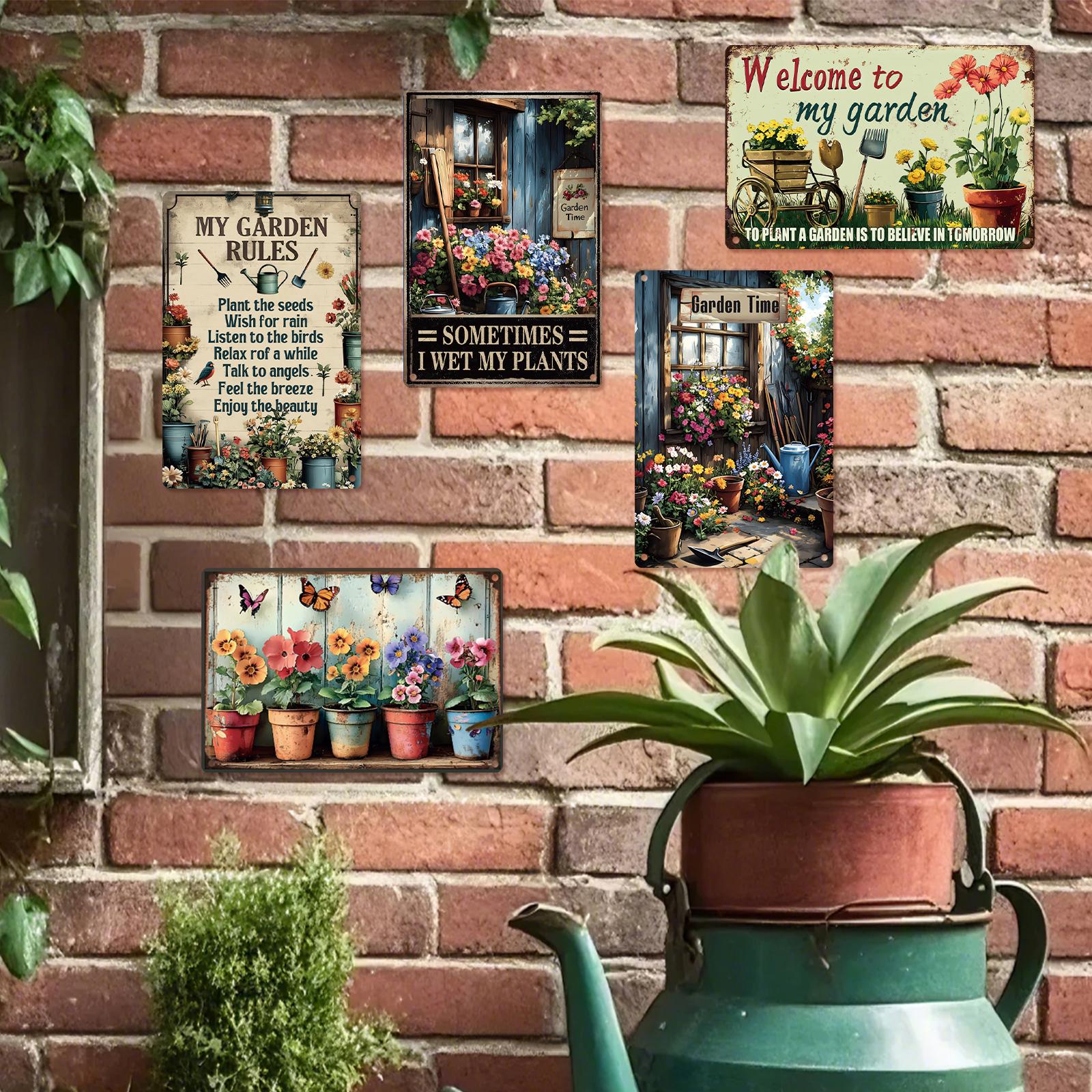 Vintage Garden Metal Sign Set: Floral & Humorous Patio Decor