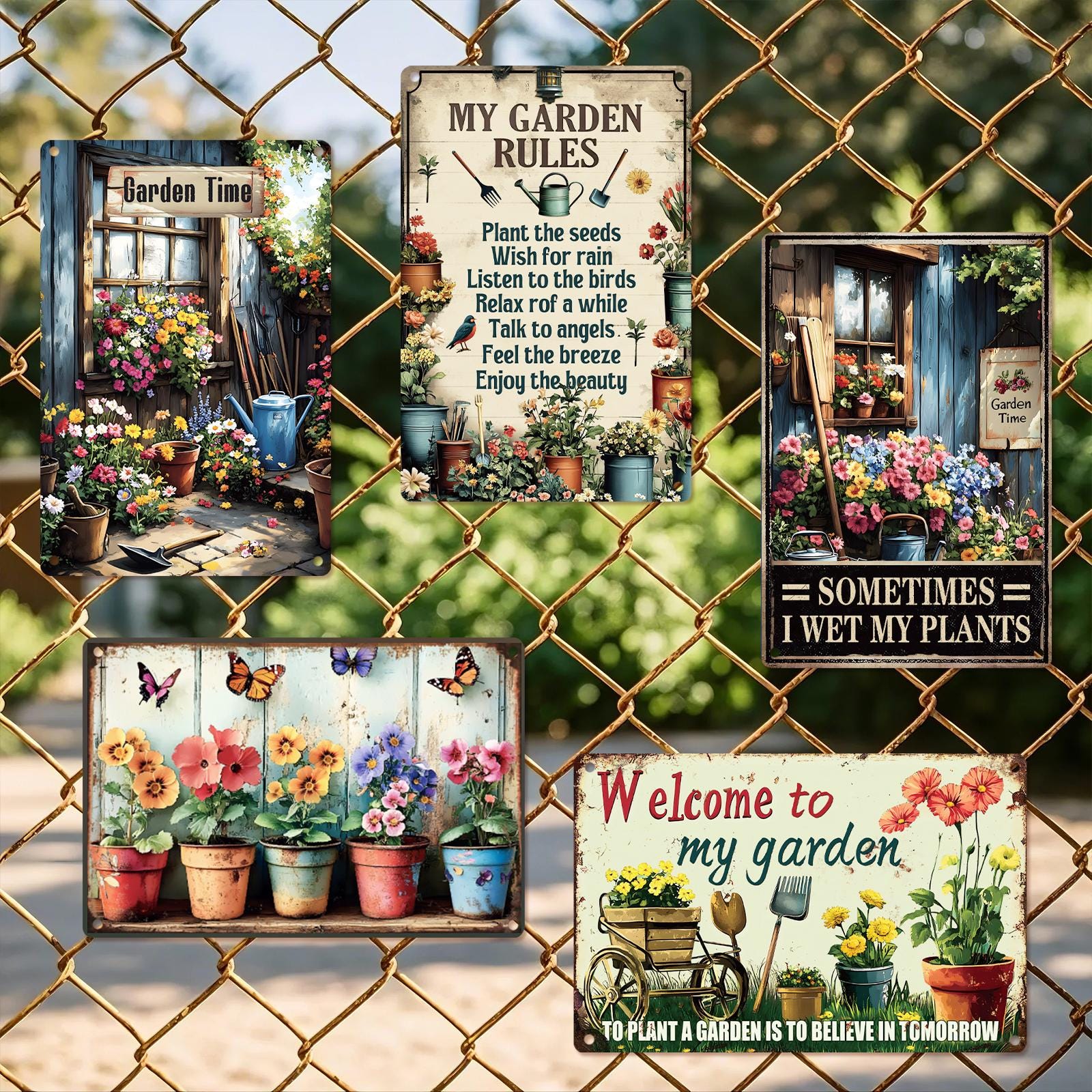 Vintage Garden Metal Sign Set: Floral & Humorous Patio Decor
