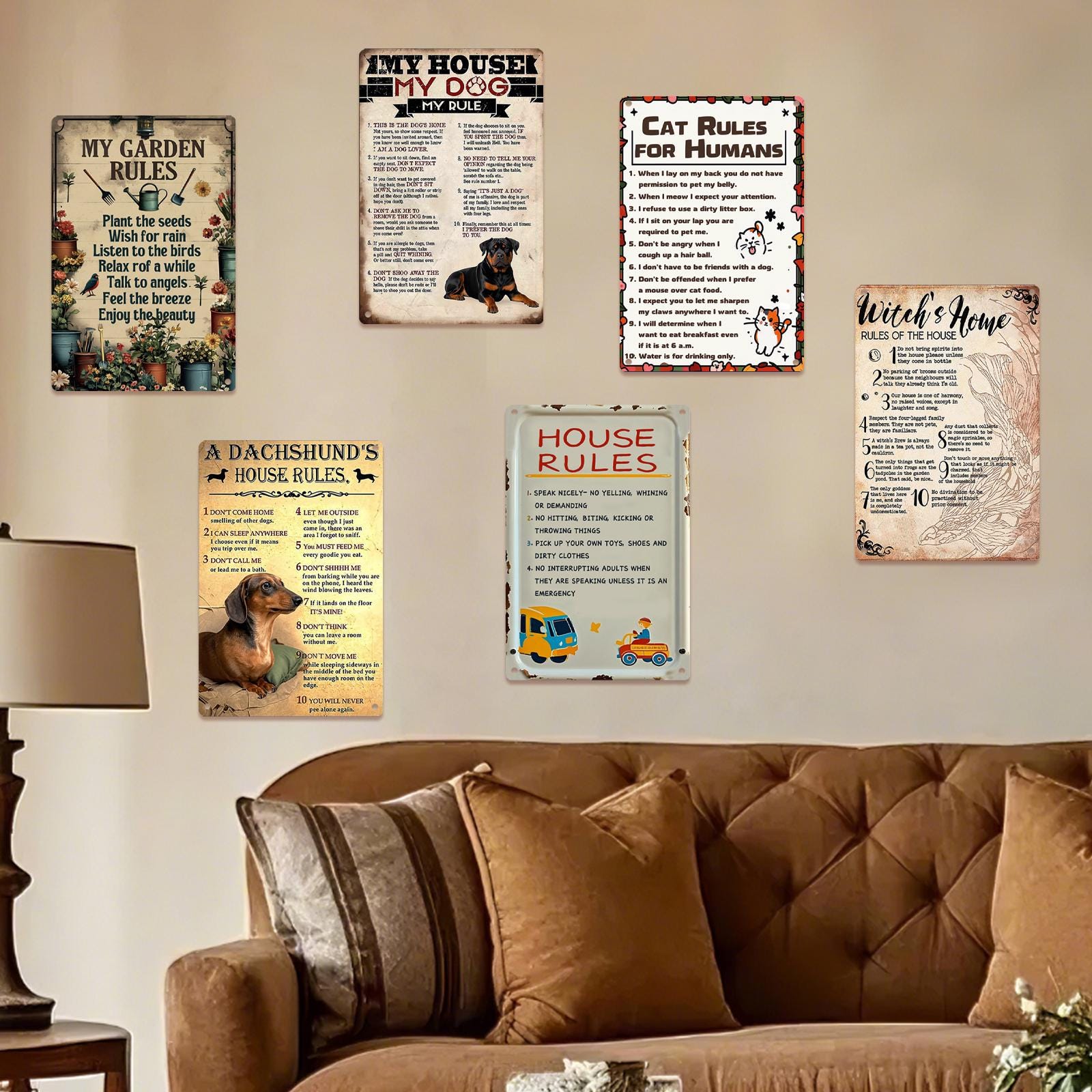 Farmhouse Garden Rules Metal Sign: Dachshund, Cat, Witch Home Decor (8x12)