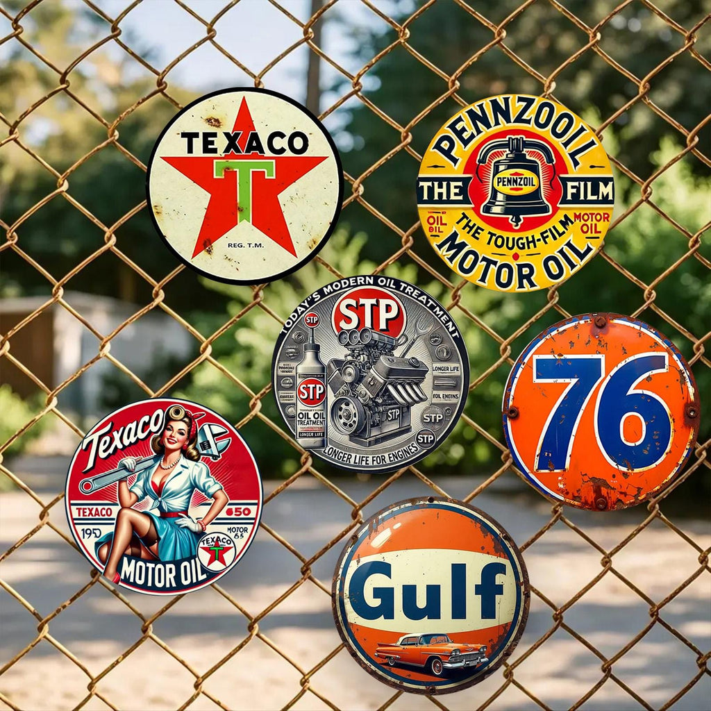 Plaque métallique vintage gaz et pétrole | Texaco, Gulf, Pennzoil | Décoration de garage
