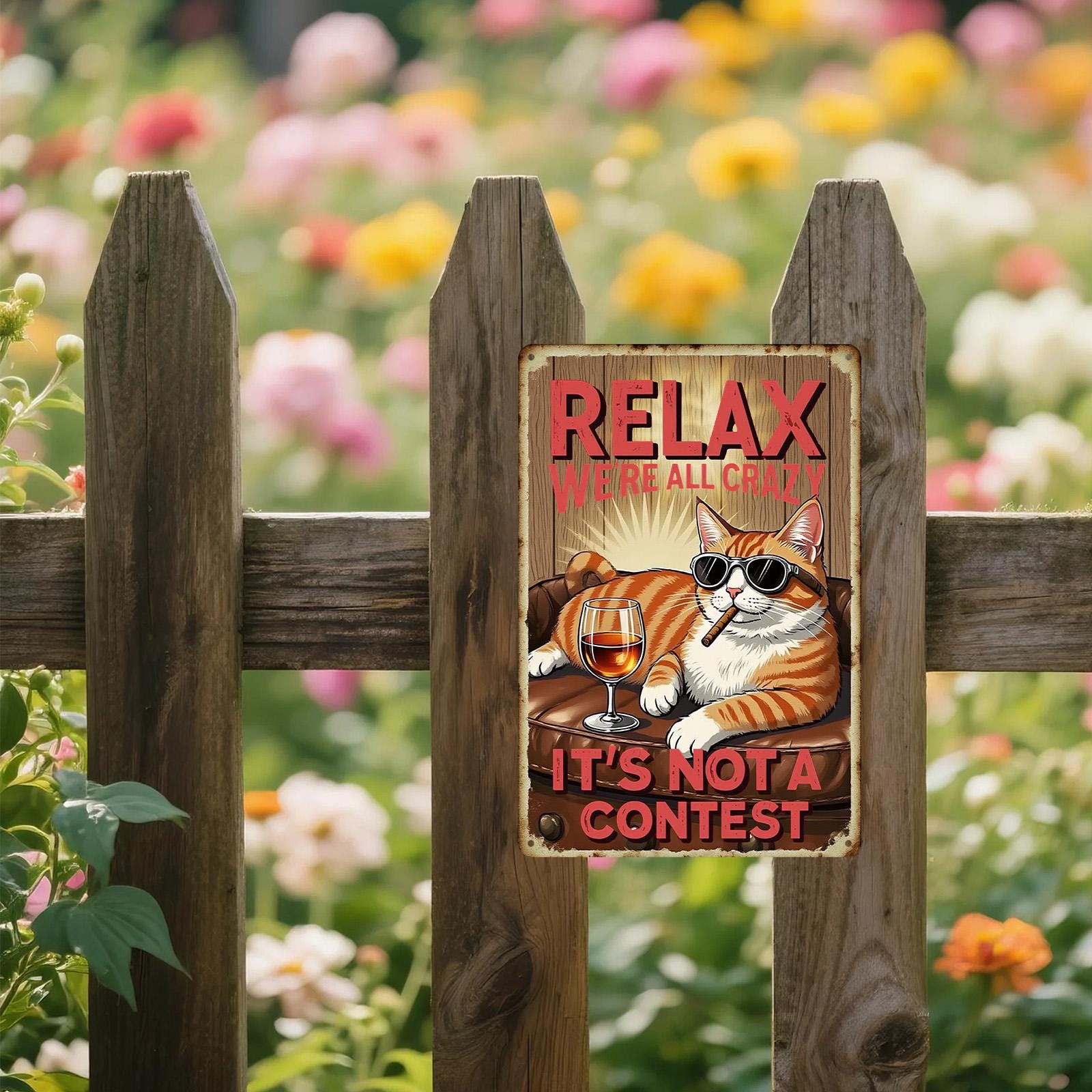 Funny Cat Metal Sign: Retro Crazy Cat Drinking Wine Decor