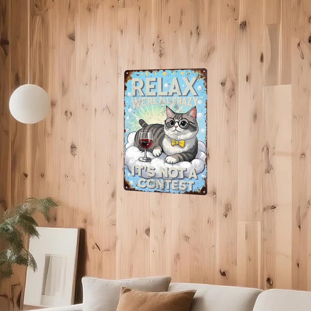 Funny Cat Metal Sign: Retro Wine Drinking Humor Decor