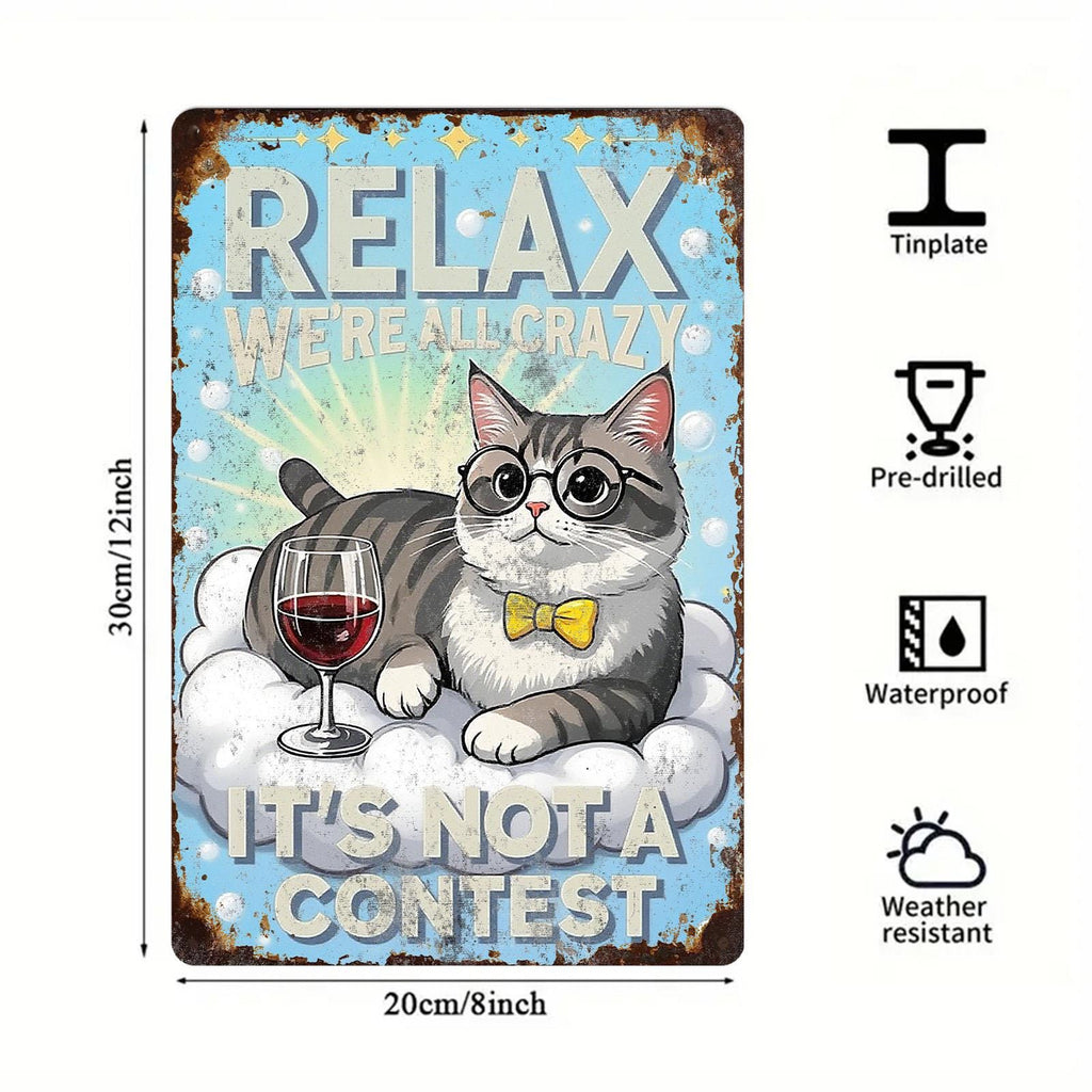Funny Cat Metal Sign: Retro Wine Drinking Humor Decor