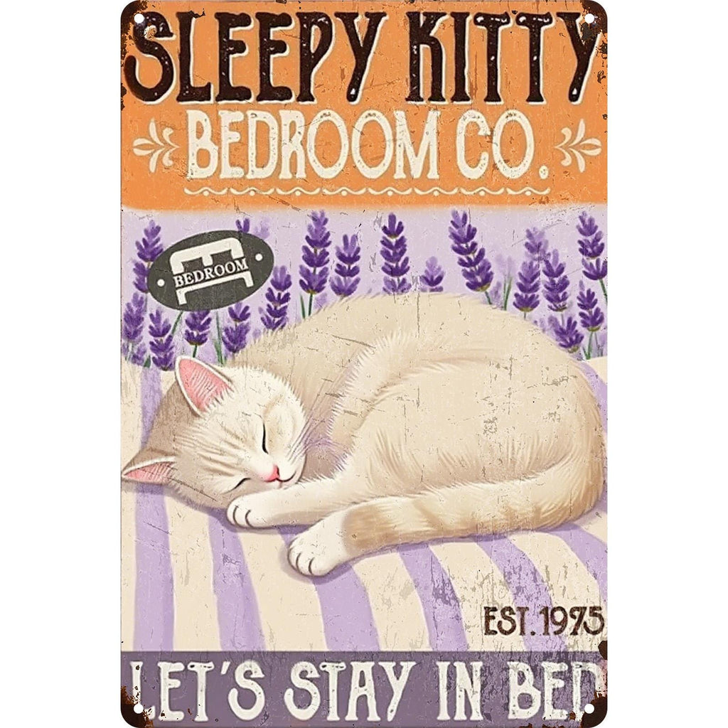 Müde Kätzchen Blechschild | Vintage Schlafzimmer Wanddekoration