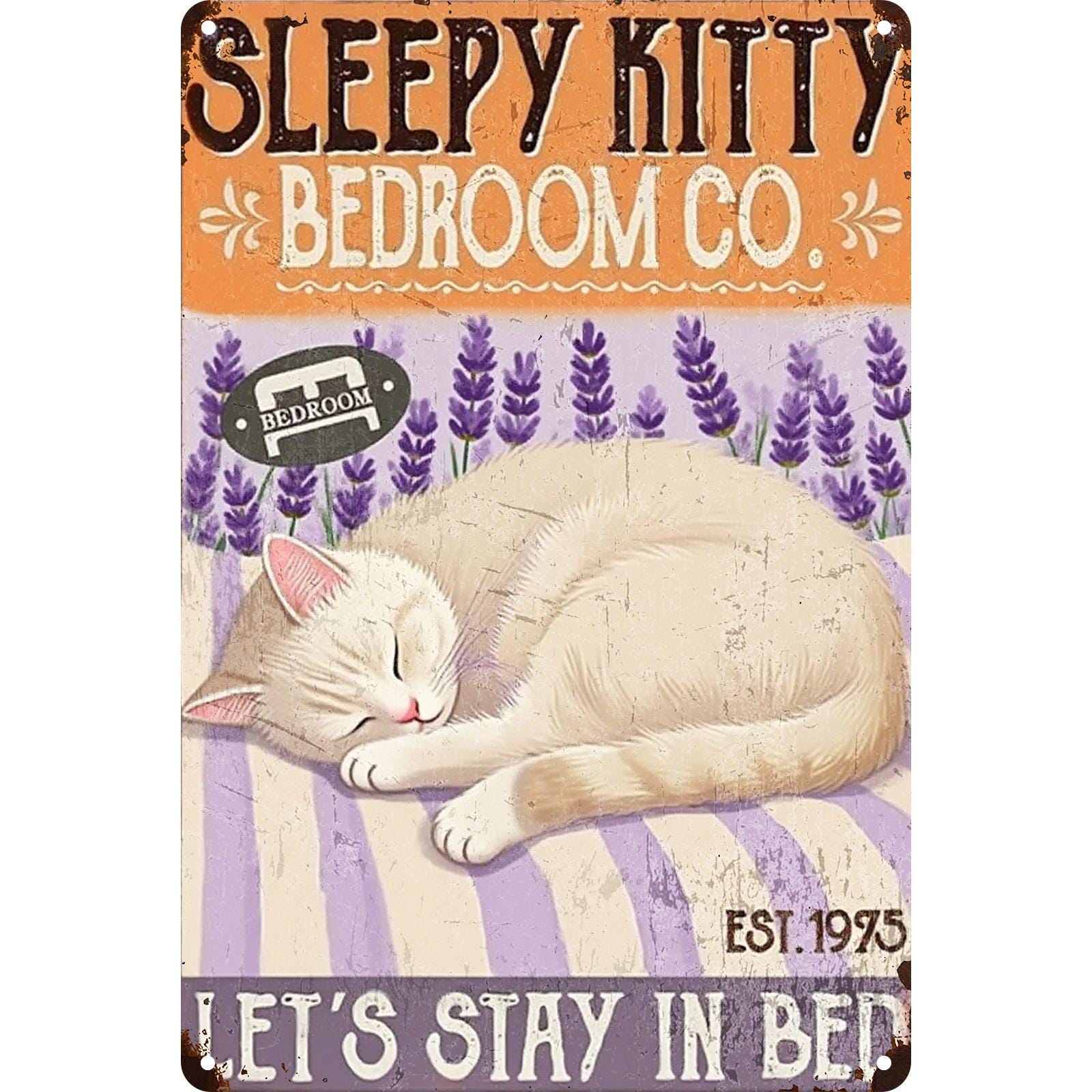 Sleepy Kitty Metal Tin Sign: Vintage Bedroom Wall Decor
