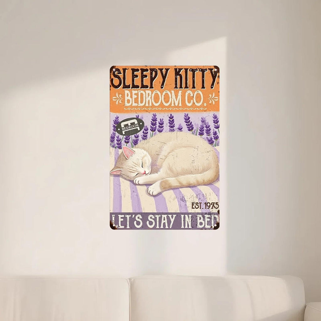 Müde Kätzchen Blechschild | Vintage Schlafzimmer Wanddekoration