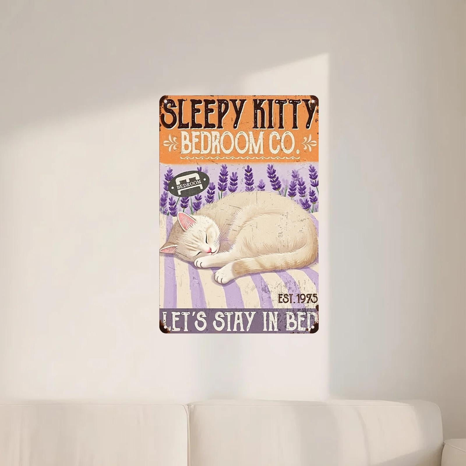 Sleepy Kitty Metal Tin Sign: Vintage Bedroom Wall Decor