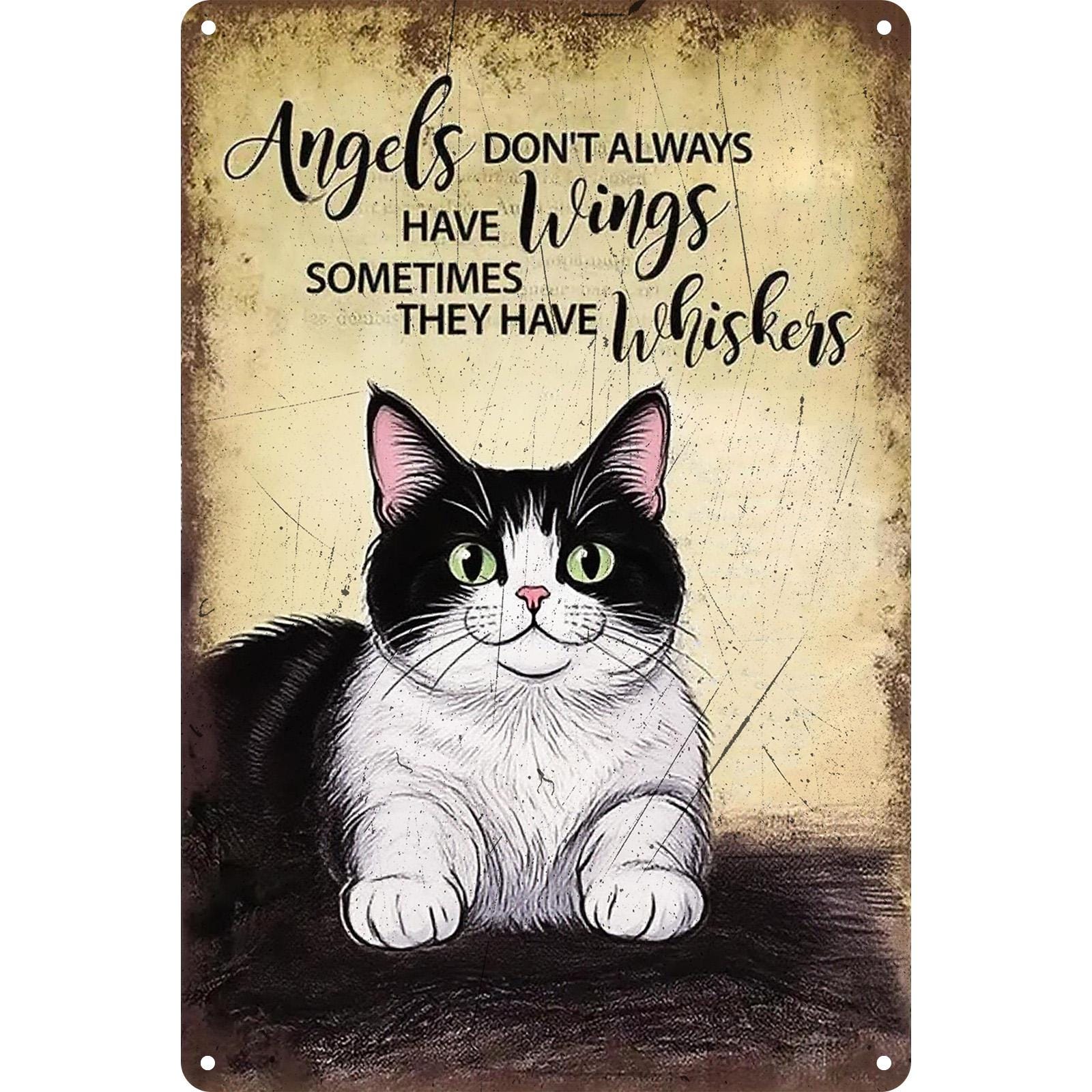 Angels Have Whiskers Cat Metal Sign: Vintage Inspirational Wall Decor