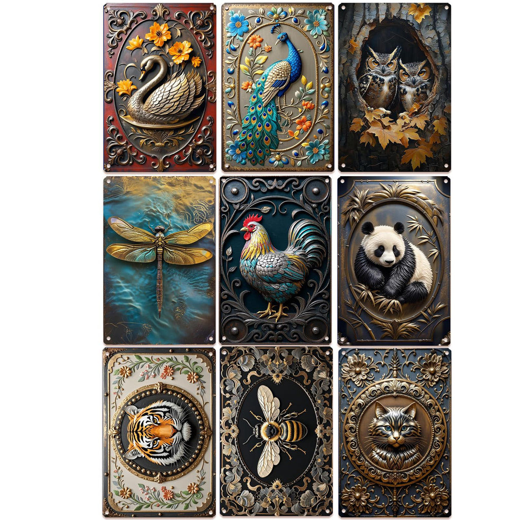 Décoration murale vintage en métal animaux | Cygne, paon, hibou, abeille et autres enseignes métalliques