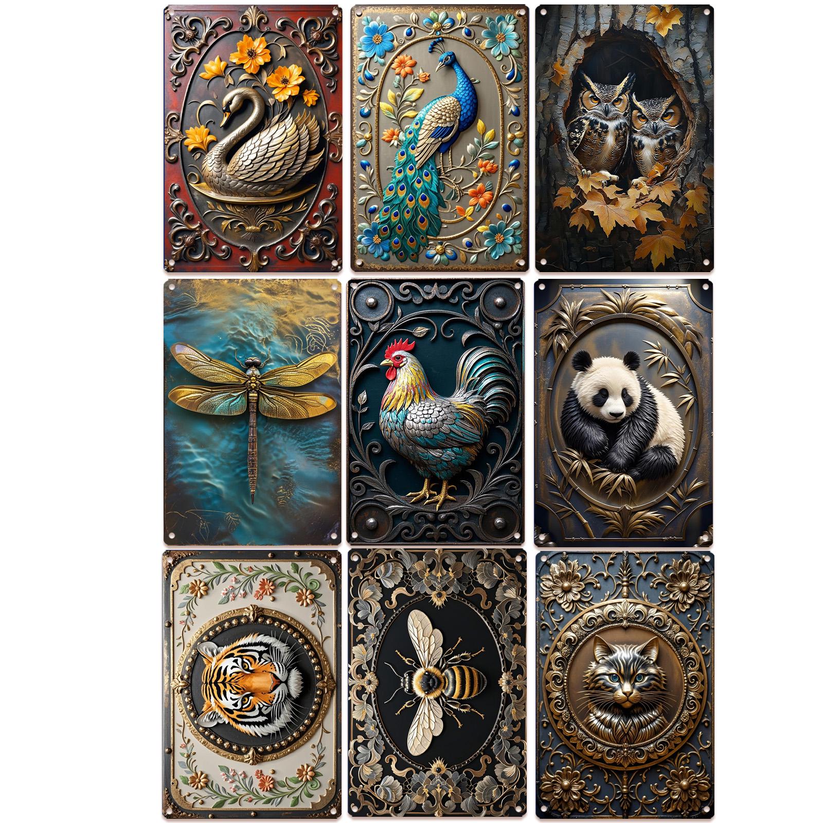 Décoration murale vintage en métal animaux | Cygne, paon, hibou, abeille et autres enseignes métalliques