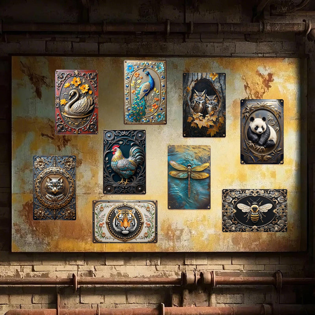 Décoration murale vintage en métal animaux | Cygne, paon, hibou, abeille et autres enseignes métalliques