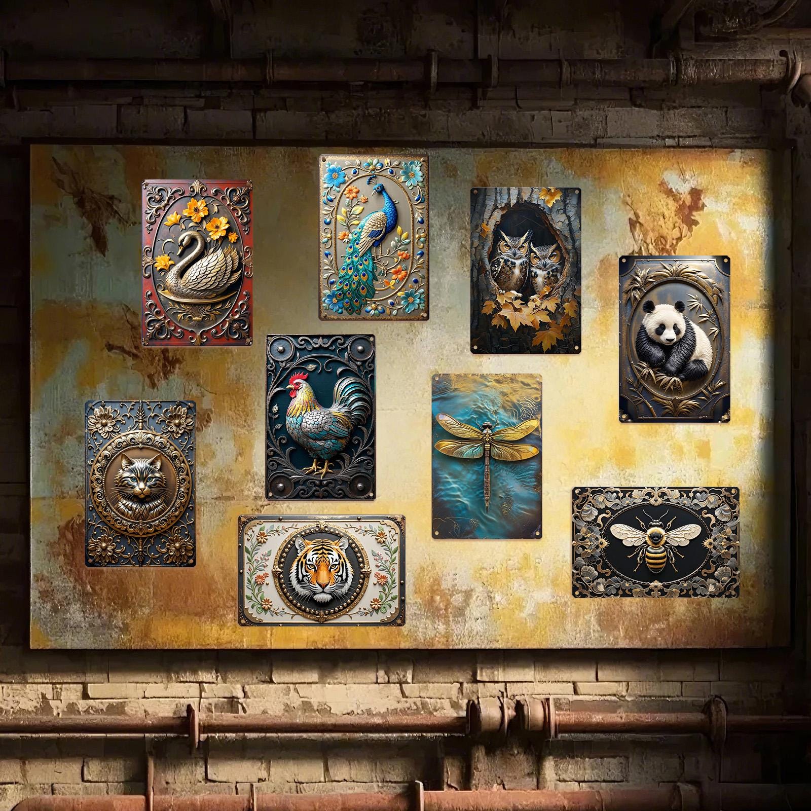 Décoration murale vintage en métal animaux | Cygne, paon, hibou, abeille et autres enseignes métalliques