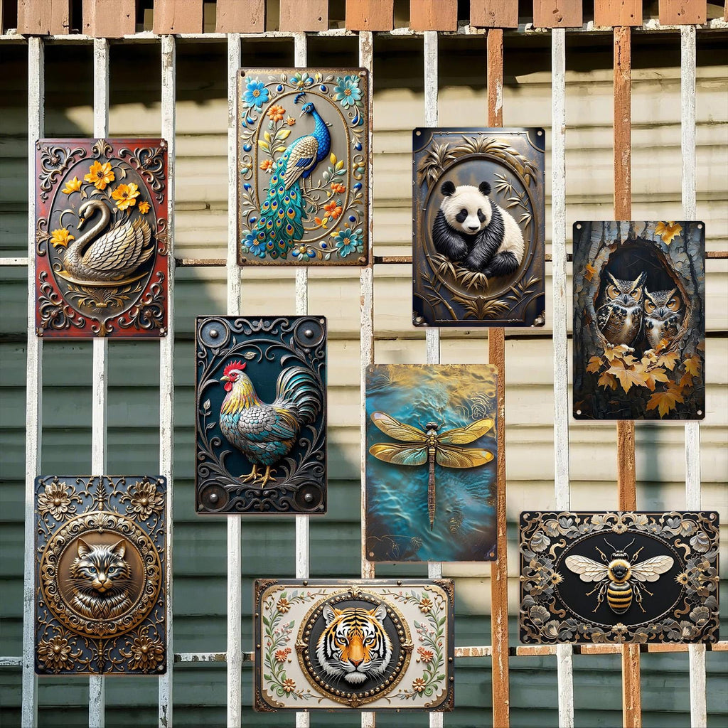 Décoration murale vintage en métal animaux | Cygne, paon, hibou, abeille et autres enseignes métalliques