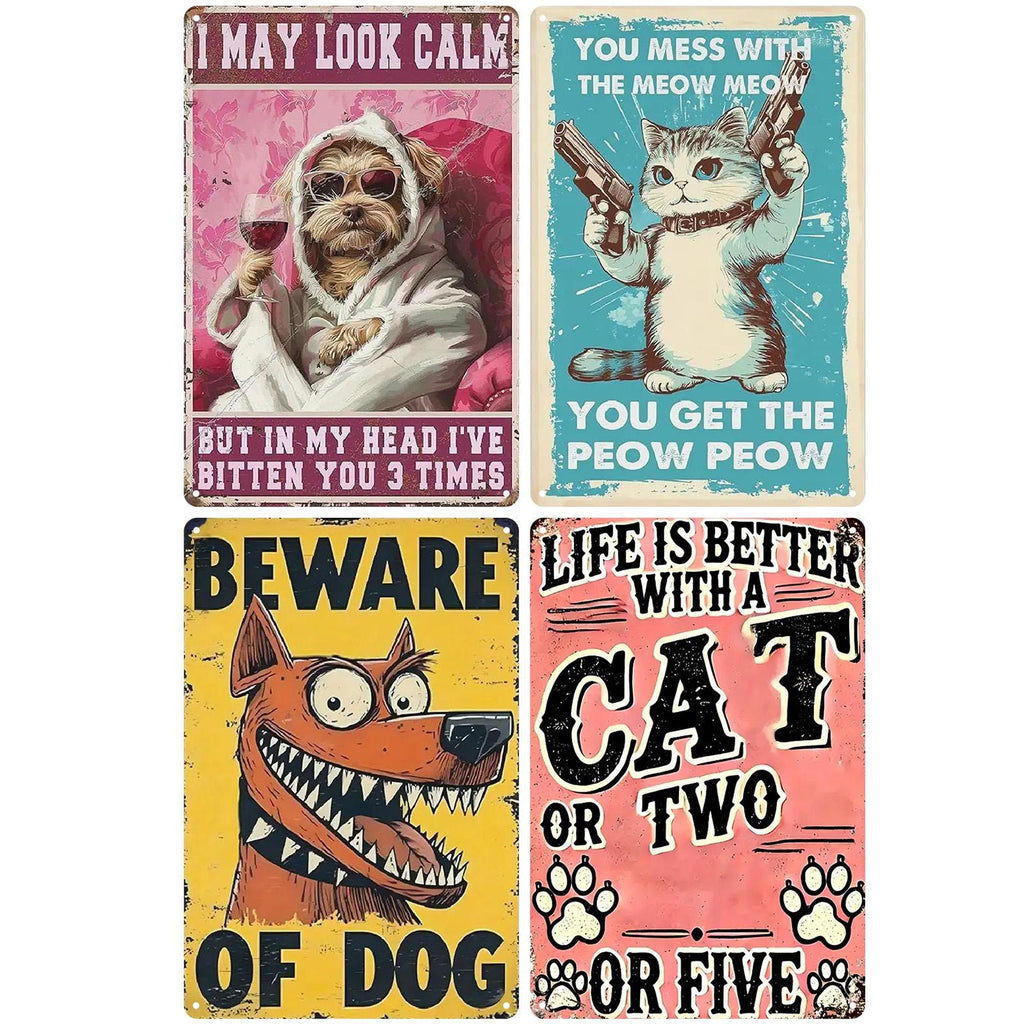 Plaque en métal amusante chat et chien | Décoration d'intérieur rustique vintage