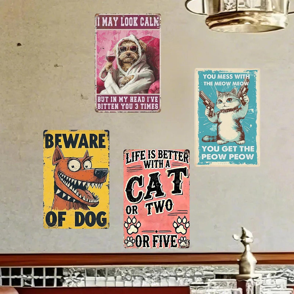 Plaque en métal amusante chat et chien | Décoration d'intérieur rustique vintage