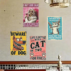 Plaque en métal amusante chat et chien | Décoration d'intérieur rustique vintage