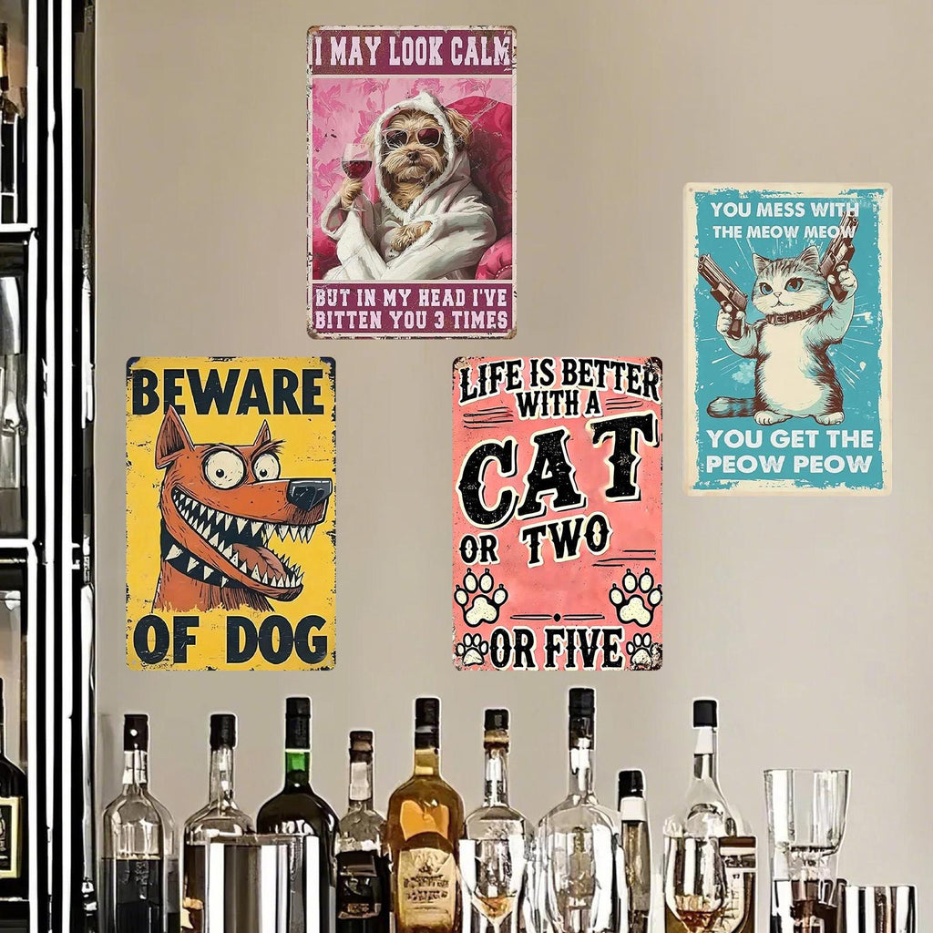 Plaque en métal amusante chat et chien | Décoration d'intérieur rustique vintage
