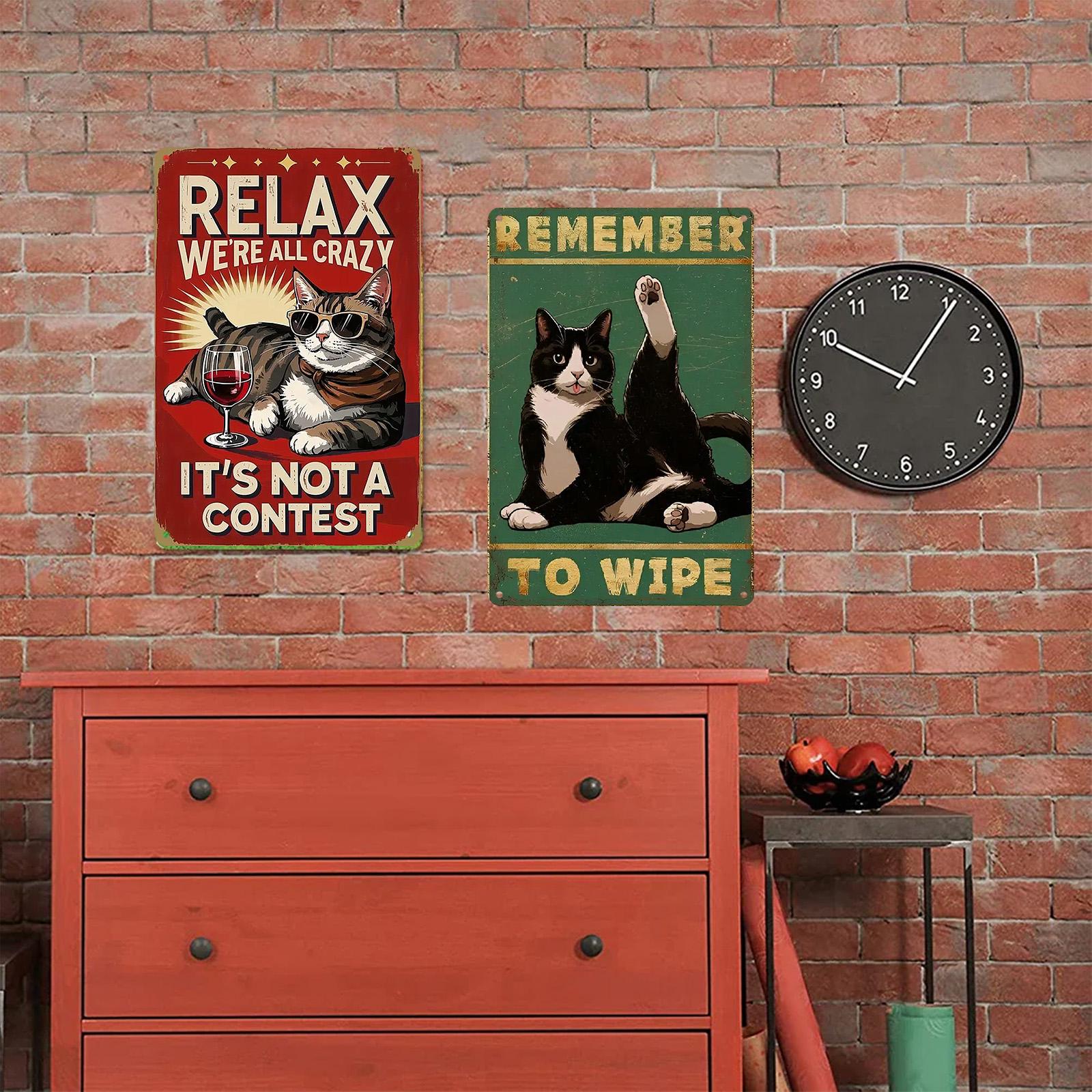 Funny Cat Metal Sign: Vintage Bathroom Humor Wall Art Decor