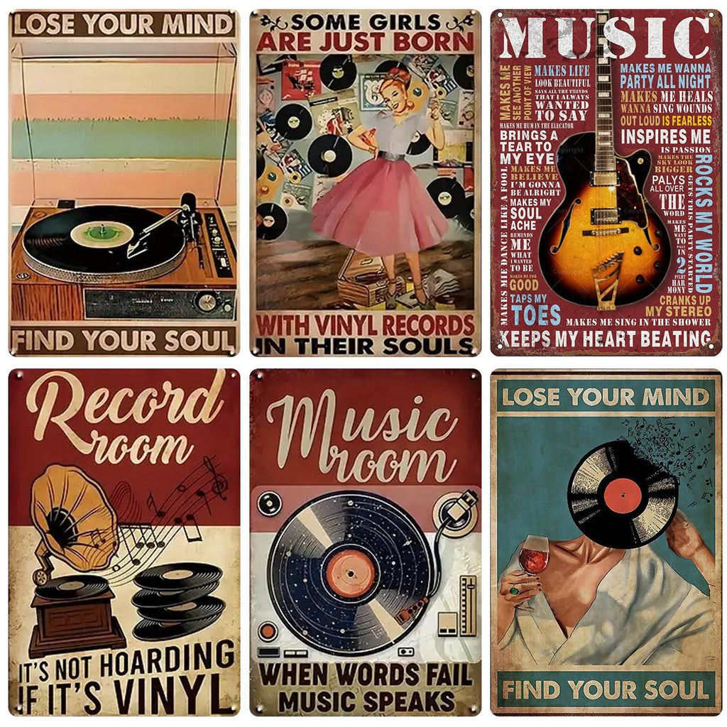 Retro Schallplatten Metallschild Set | Musikzimmer-Deko, Gitarren- & Grammophon-Kunst