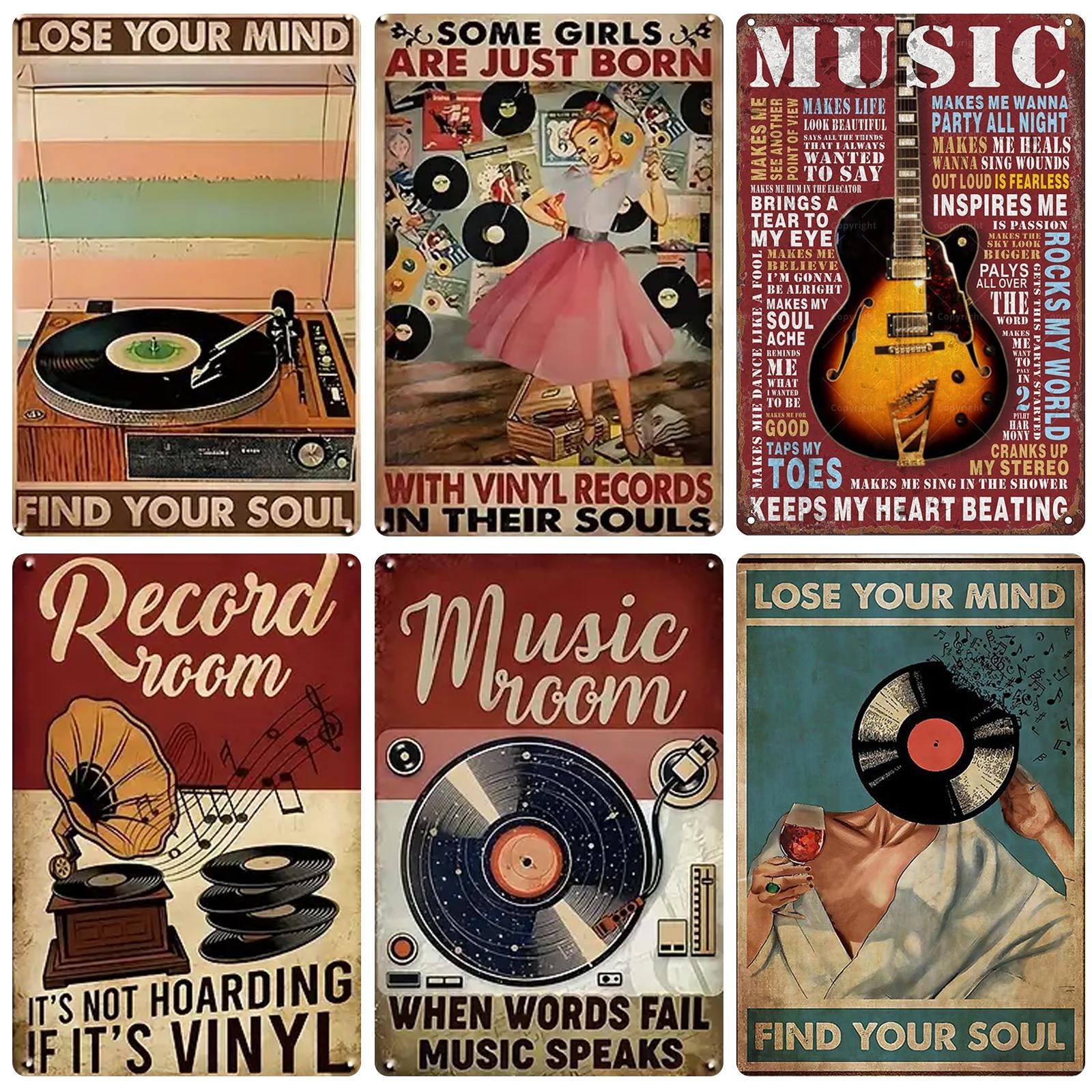Retro Music Metal Sign Set: Gramophone & Guitar Wall Art (8x12 in)