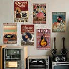 Retro Schallplatten Metallschild Set | Musikzimmer-Deko, Gitarren- & Grammophon-Kunst