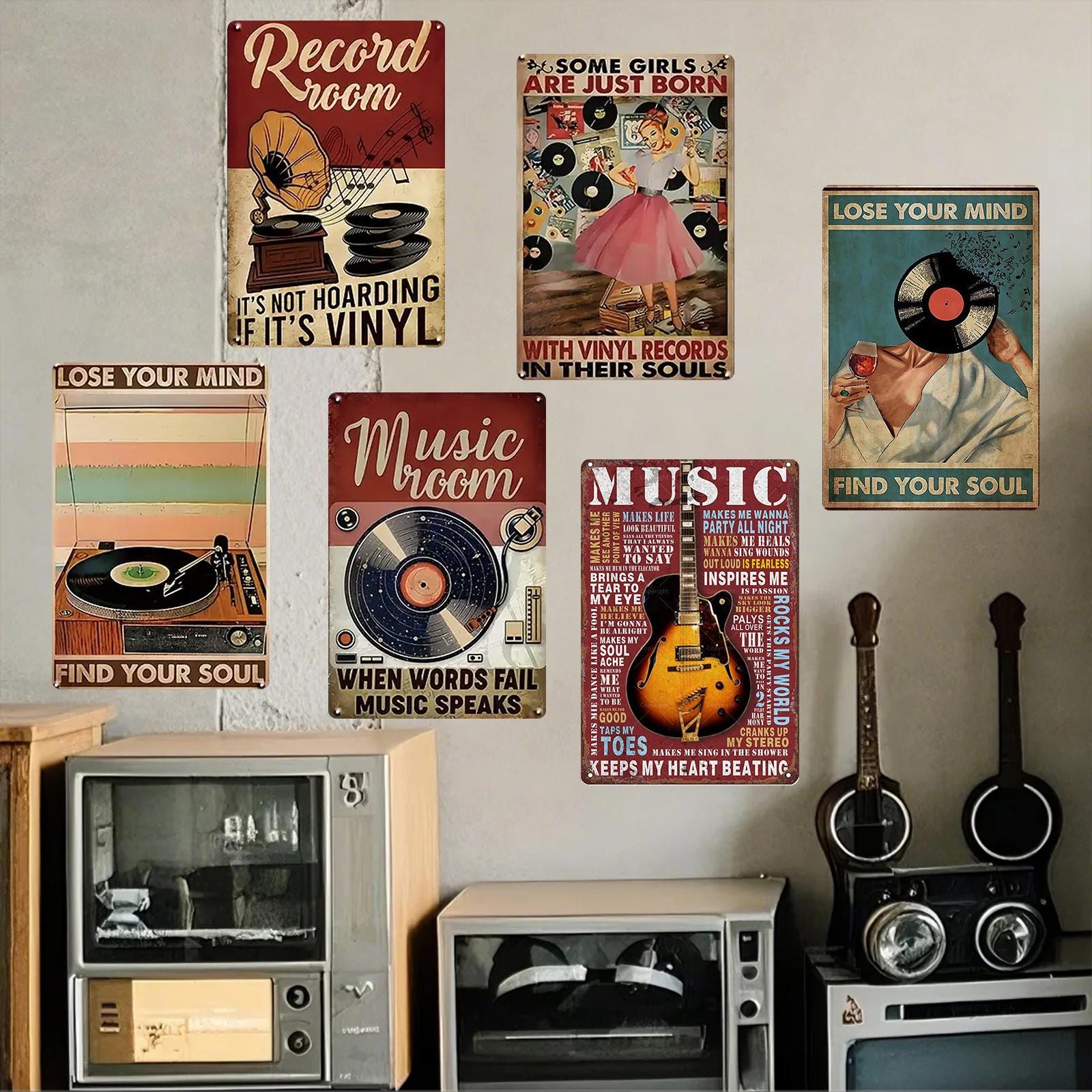 Retro Music Metal Sign Set: Gramophone & Guitar Wall Art (8x12 in)