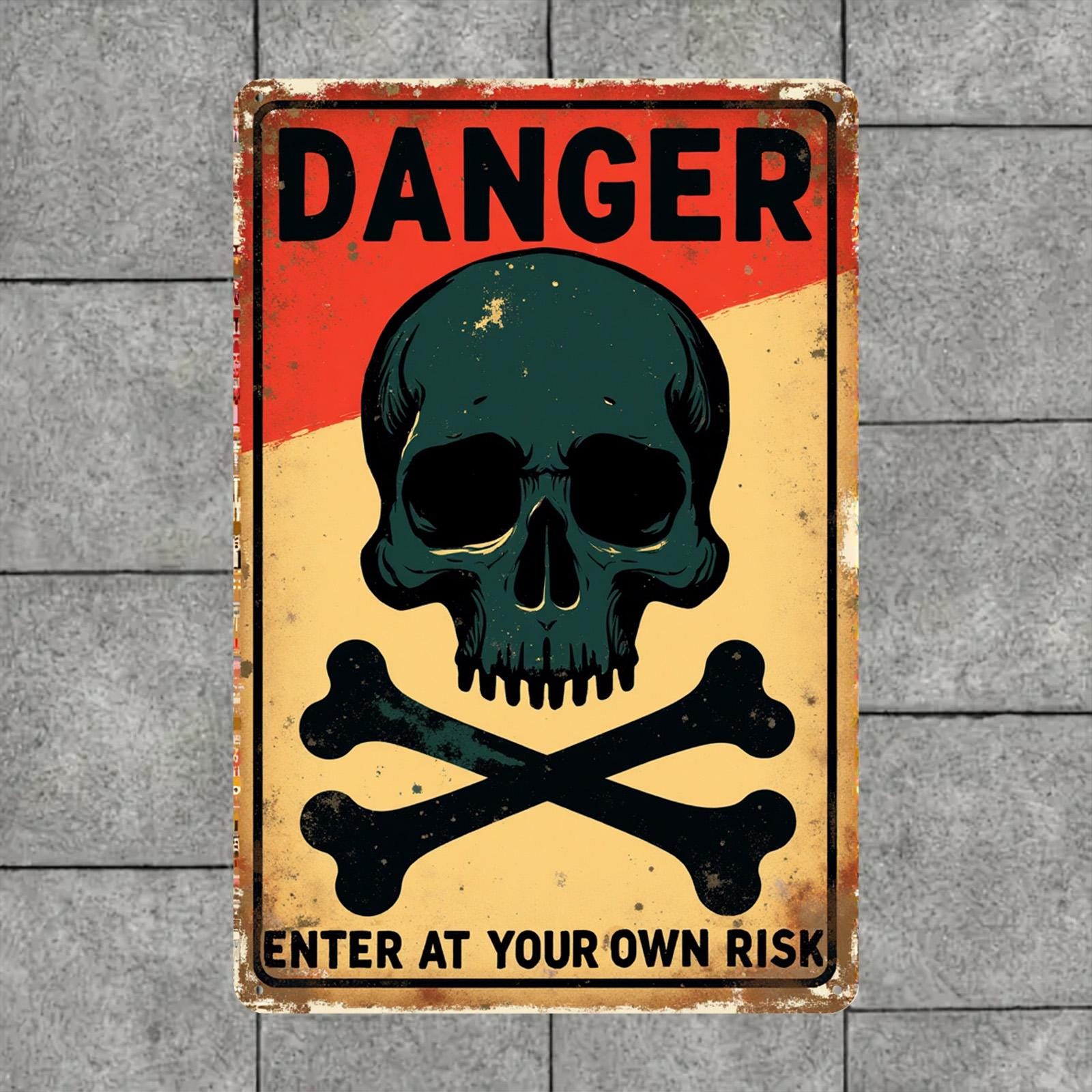 Vintage Skull Danger Sign: Industrial Garage Wall Decor, Durable Tinplate