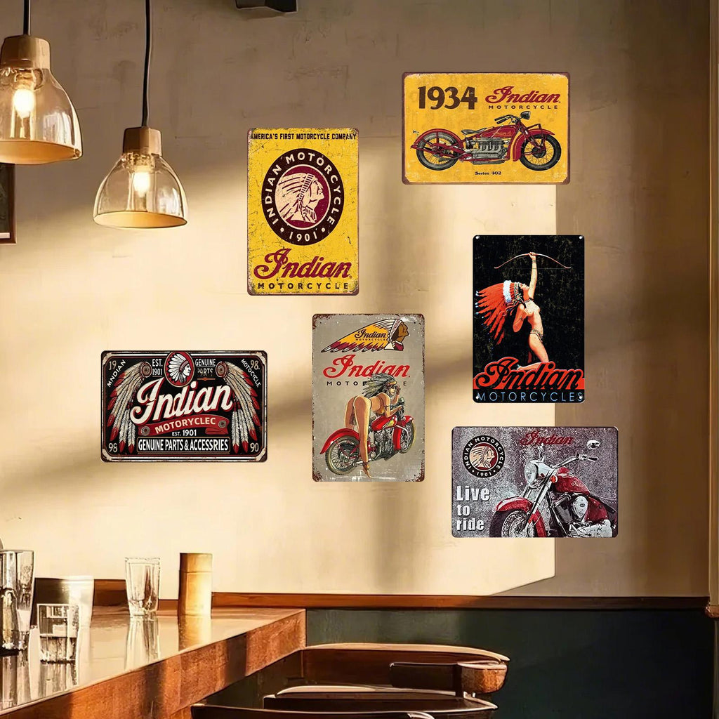 Plaques métalliques vintage Indian Motorcycle | Décoration murale rétro pour garage et bar (Lot de 6)