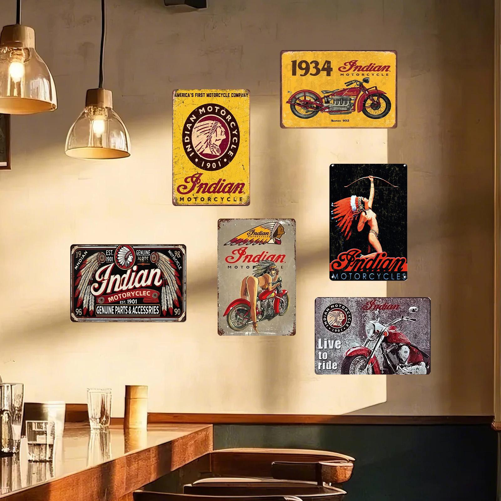 Vintage Indian Motorcycle Metal Signs: Retro Garage & Bar Wall Decor (Set of 6)