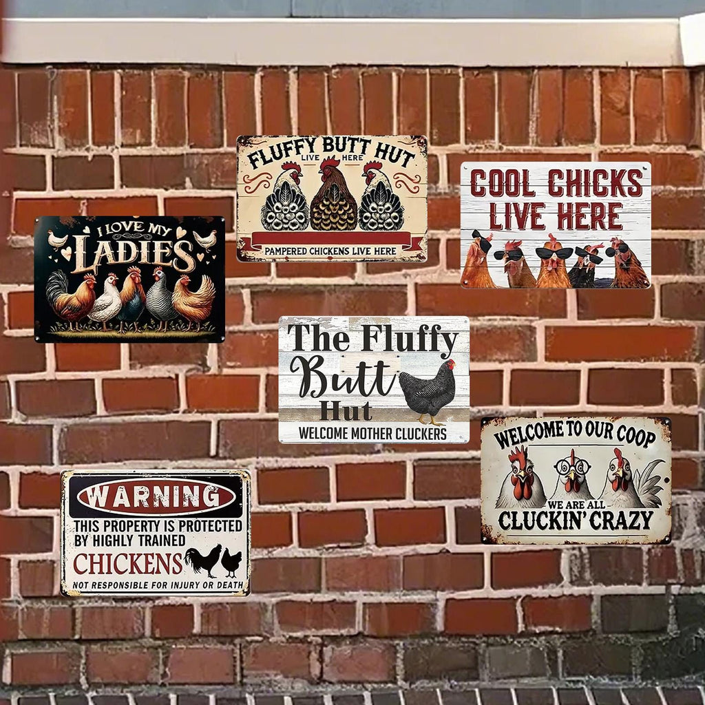 Funny Chicken Coop Metal Sign: Fluffy Butt Hut Farmhouse Decor