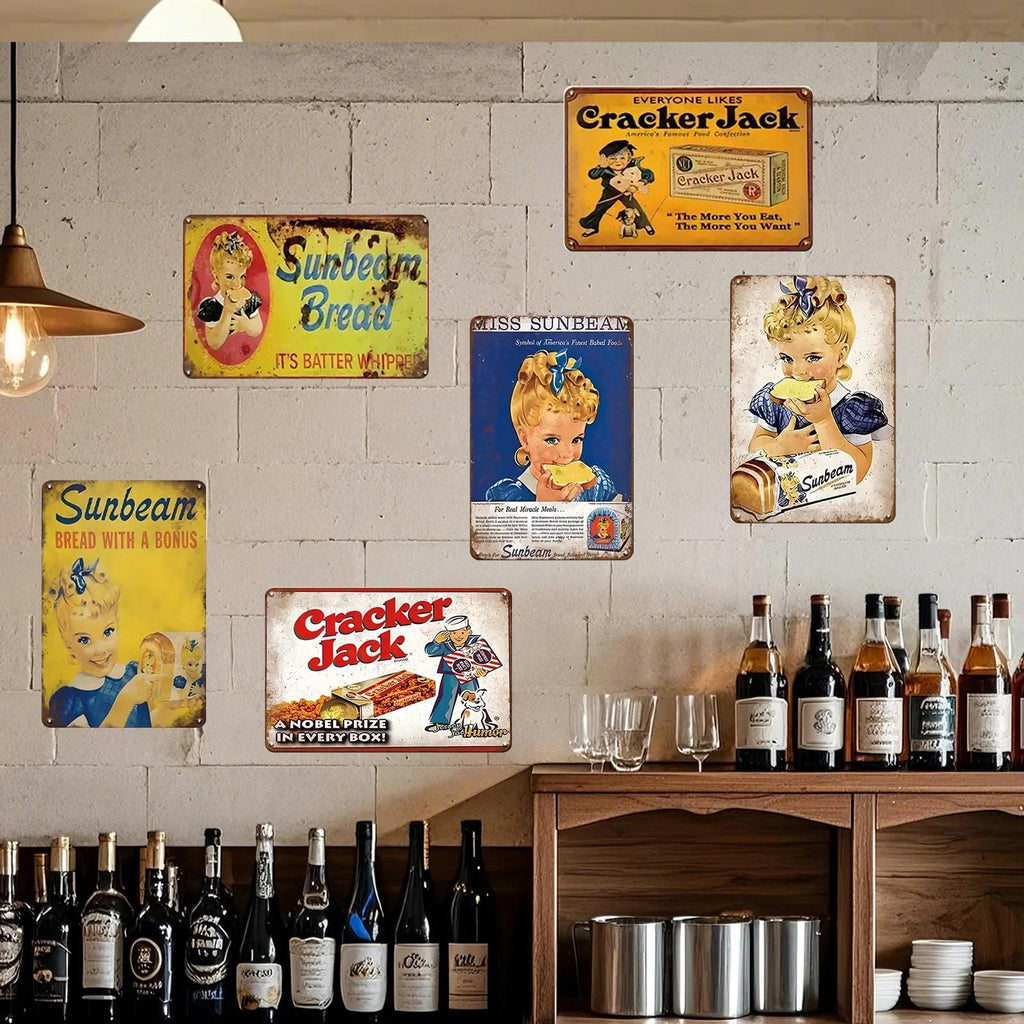 Lot de panneaux décoratifs en tôle vintage Sunbeam et Cracker Jack | Décor rétro pour cuisine et café