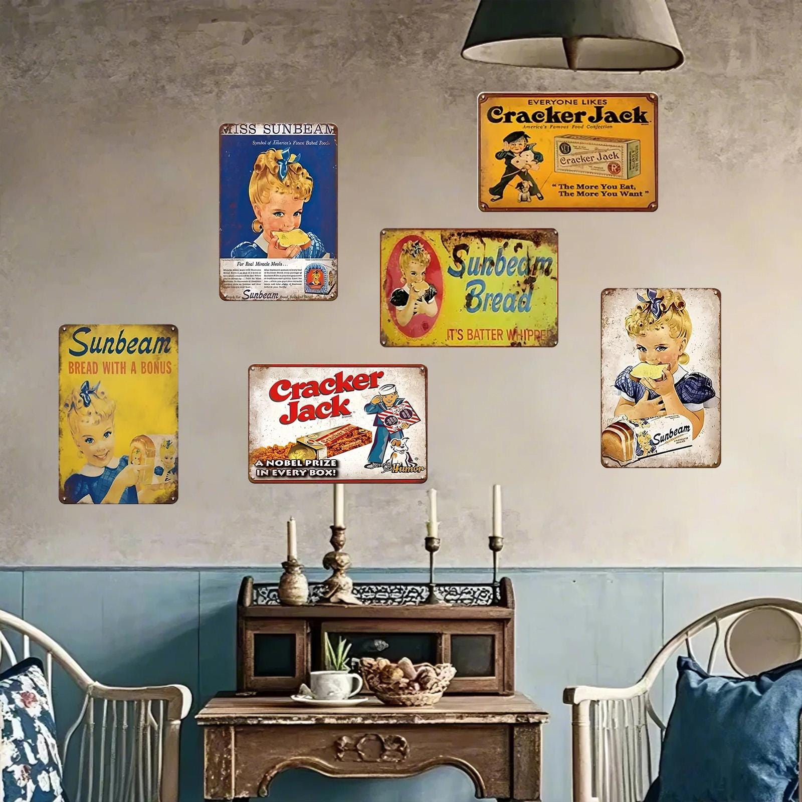 Vintage Sunbeam & Cracker Jack Tin Sign Set: Retro Kitchen Cafe Decor