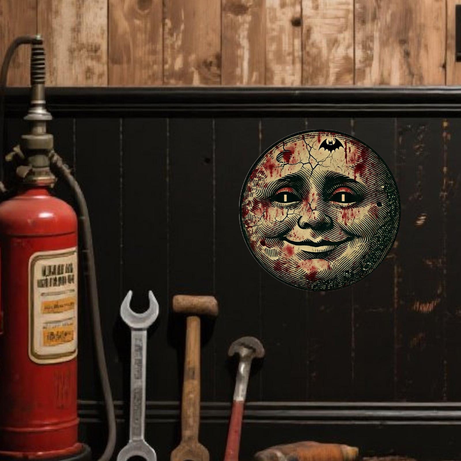 Creepy Blood Moon Face Metal Sign Halloween Gothic Horror Wall Art Scary Vintage Tin Plaque with Bat