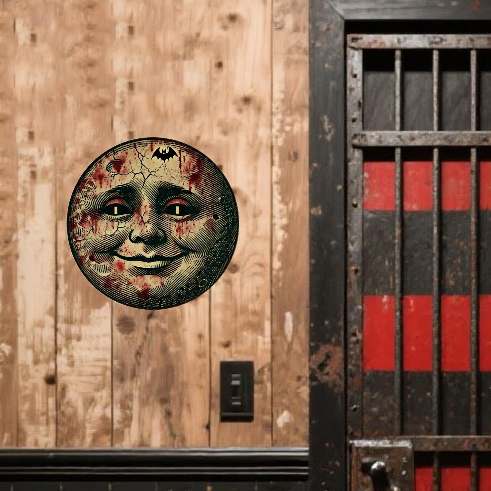 Creepy Blood Moon Face Metal Sign Halloween Gothic Horror Wall Art Scary Vintage Tin Plaque with Bat