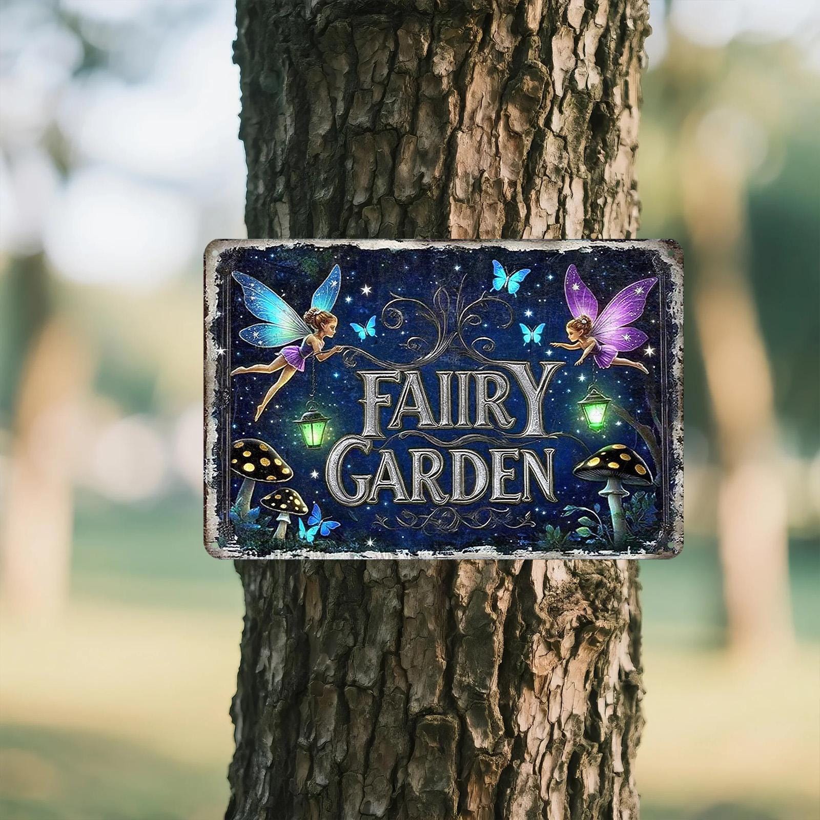 Fairy Garden Metal Sign: Vintage Rustic Wall Art, Outdoor Decor (8x12 Inches)