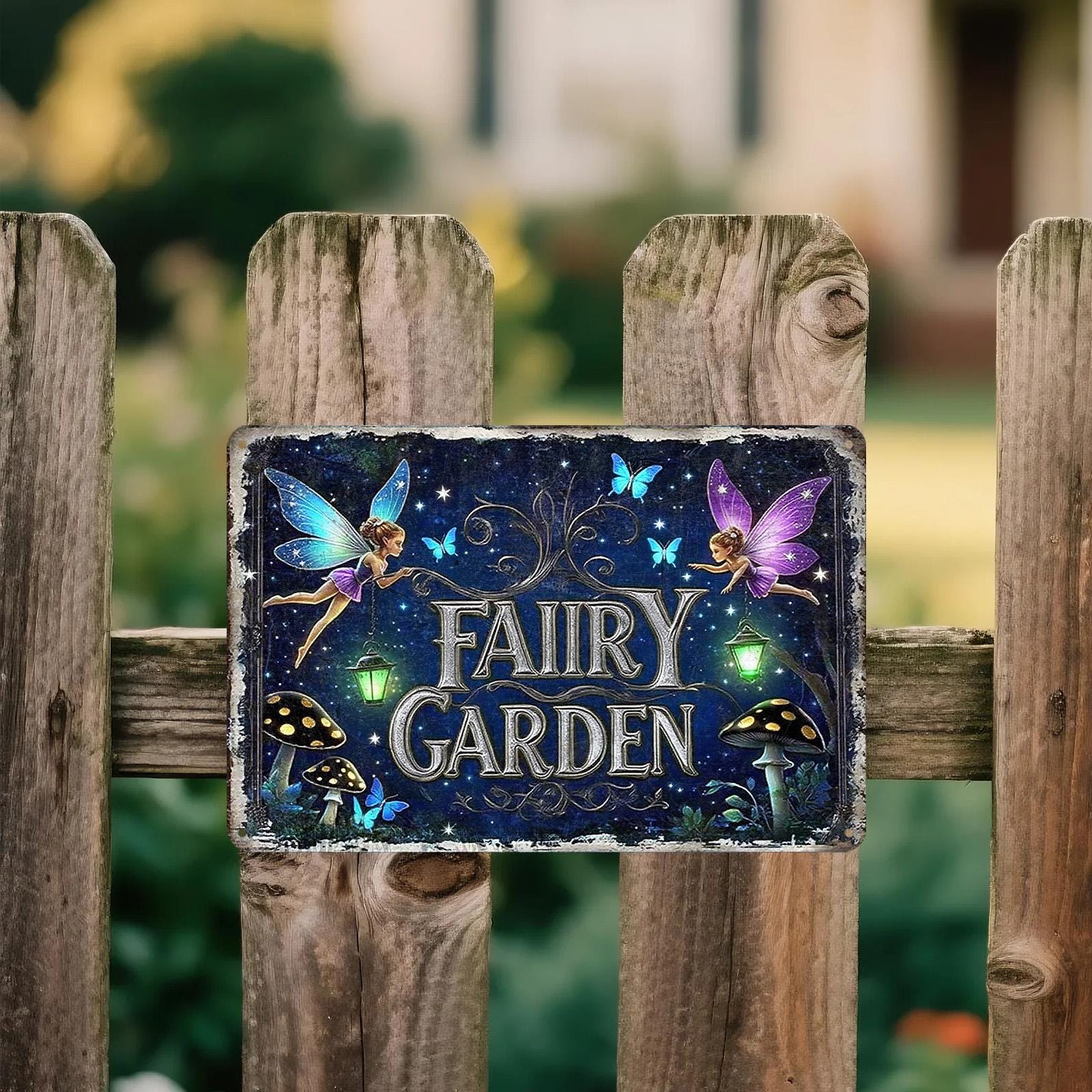 Fairy Garden Metal Sign: Vintage Rustic Wall Art, Outdoor Decor (8x12 Inches)