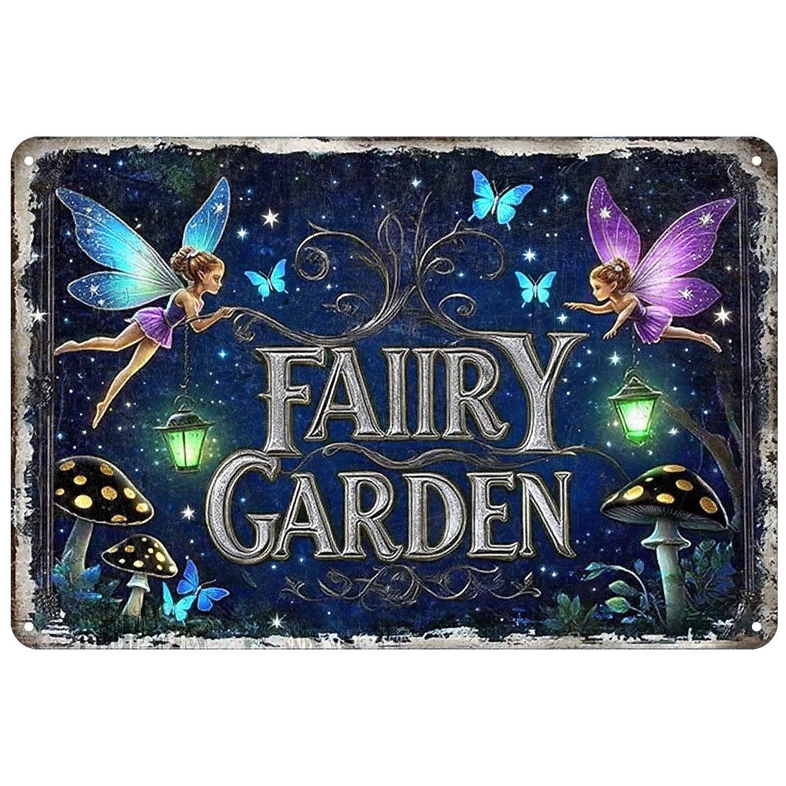 Fairy Garden Metal Sign: Vintage Rustic Wall Art, Outdoor Decor (8x12 Inches)
