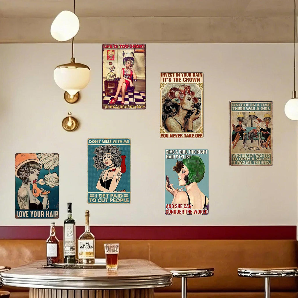 Retro Hair Salon Metal Sign Set | Vintage Barber Shop Wall Decor