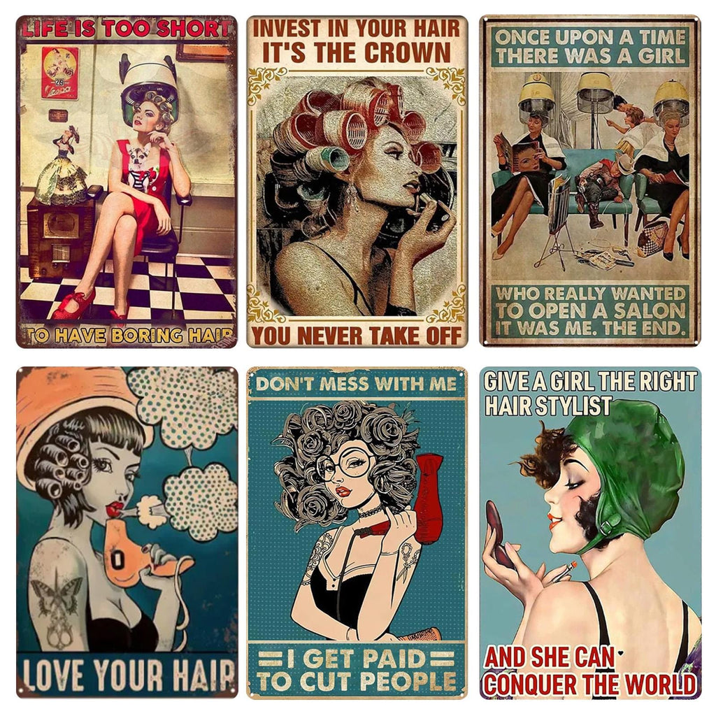 Retro Hair Salon Metal Sign Set | Vintage Barber Shop Wall Decor