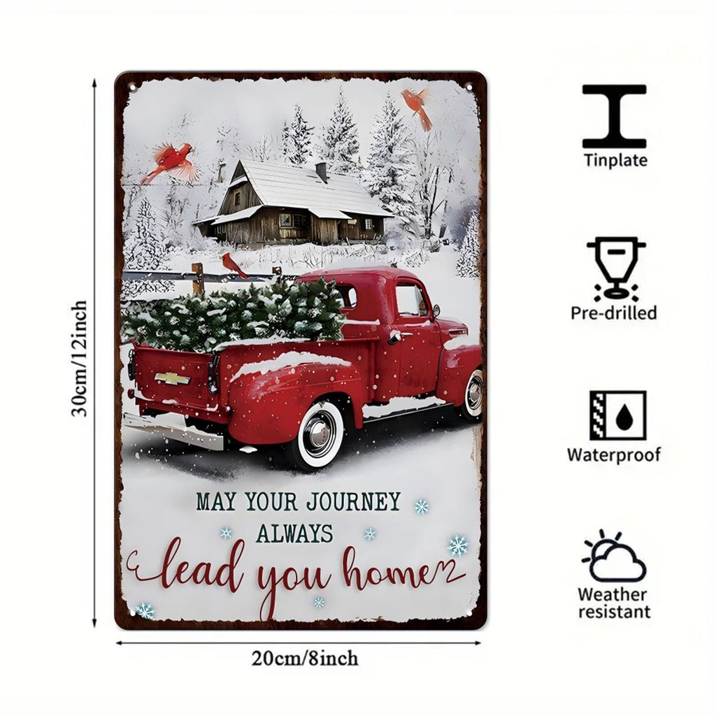 Panneau métallique de Noël camions rouges rétro | Décor de vacances style ferme