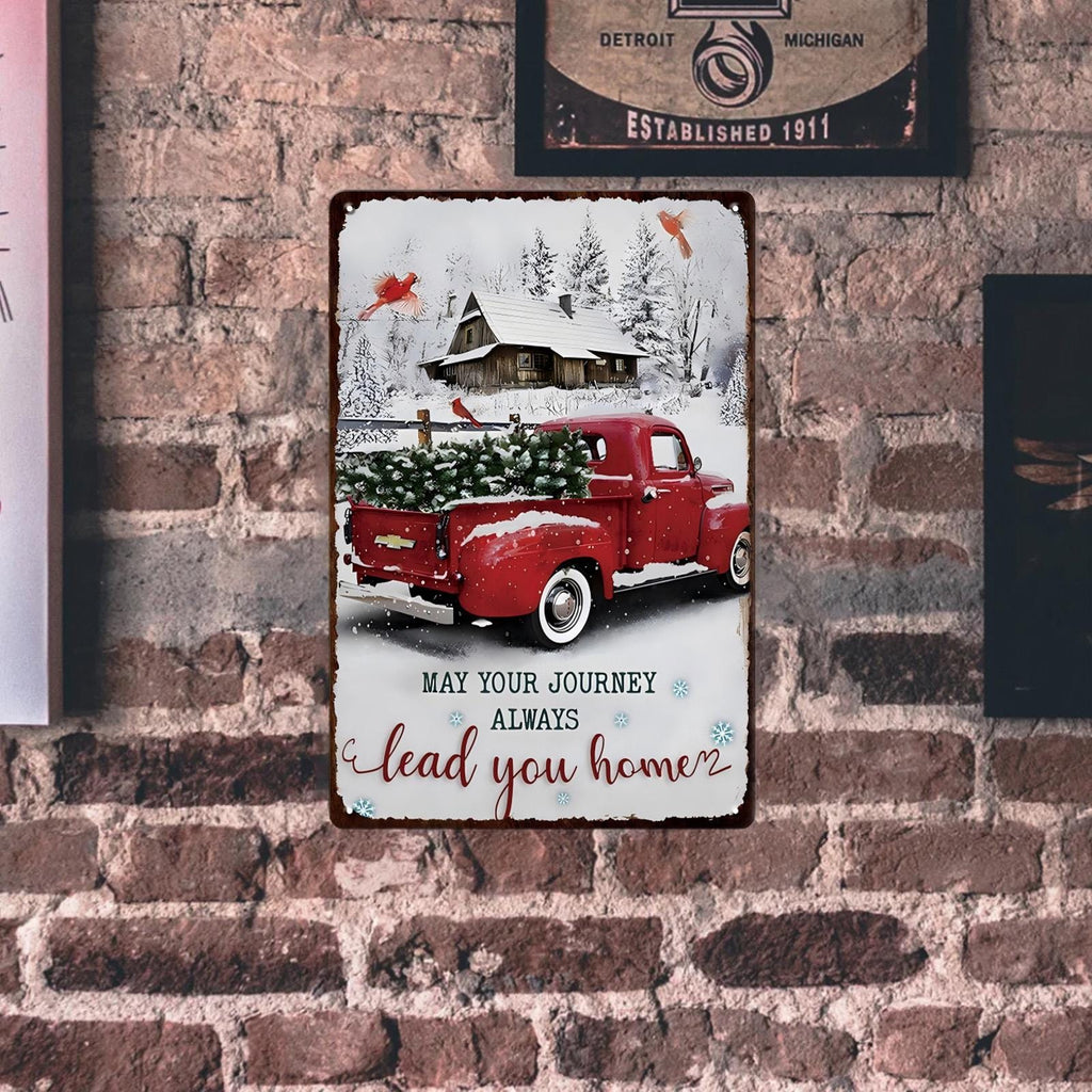 Panneau métallique de Noël camions rouges rétro | Décor de vacances style ferme