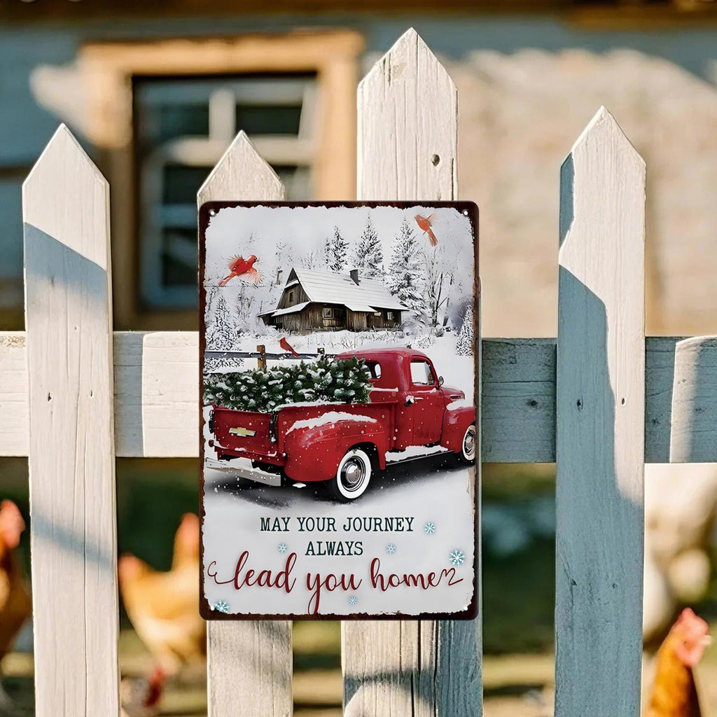 Panneau métallique de Noël camions rouges rétro | Décor de vacances style ferme